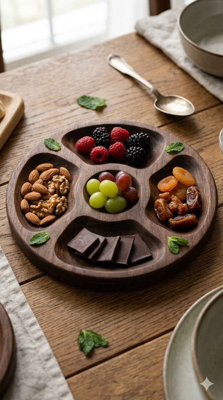 Caswud round wooden divided serving tray with compartments filled with berries, grapes, nuts, dried fruit, and chocolate.